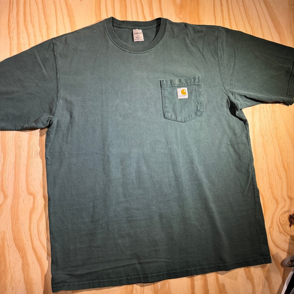 Carhartt Men's K87 Workwear Pocket Tee Green Vintage Faded Blank Crewneck Size L